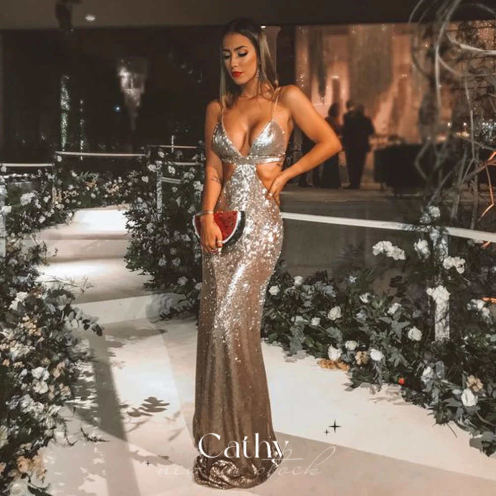 

Cathy Dark Champagne فساتين السهرة Glitter Prom Dress 2023 Sexy Deep V-neck Party Dresses Sequins Trumpet Vestidos De Noche