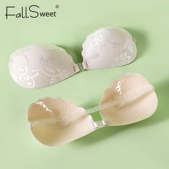 FallSweet Invisible Push Up Strapless Bra for Women Adhesive Sticky Bras Reusable Silicone Bralette Sexy Lace Wedding Lingerie