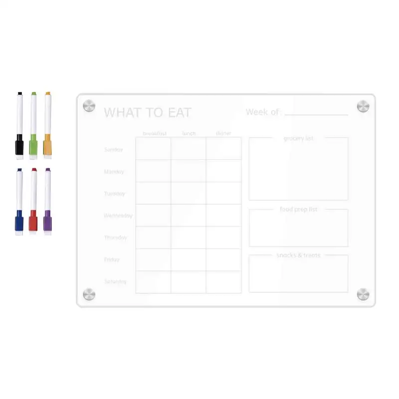

Meal Calendar For Fridge Weekly Meal Prep Planner Clear Acrylic 6 Colorful Pens Erasable Fridge Notepad With Magnet Grocery List