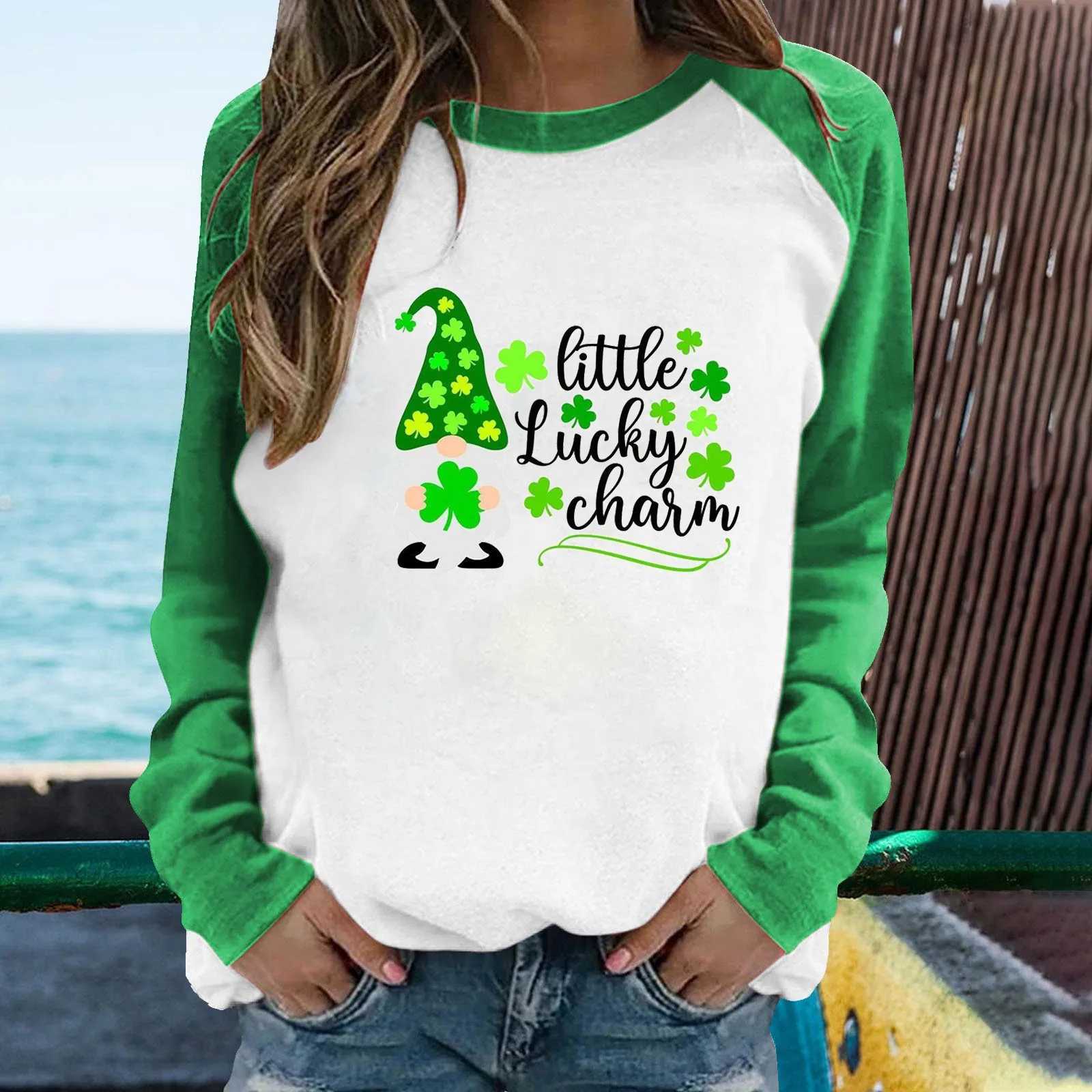 

Raglan Long Sleeved Women's Top New Raglan Long Sleeved Saint Dwarf Print Spliced Womens Shirts with Lace Mens Top Running Shirt