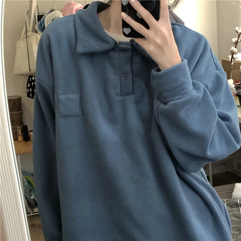 Fleece Warm Thick Hoodies Women Fall Winter Korea Blue Sweatshirt Casual Harajuku All-Match Oversized Long Sleeve Tops Vintage hoodies halloween cat kangaroo pocket hoodie navy blue in blue size l m