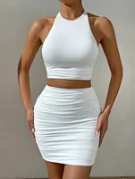 Women White Sexy Halter Neck Sleeveless Backless Two Piece Set Strapless Pleated Slim Bodycon Evening Dresses - Image 5