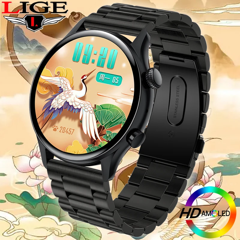 

LIGE AMOLED Screen Smart Watch Men NFC Smartwatch Android iOS Bluetooth Call Wristwatch IP68 Waterproof Blood Pressure Watches