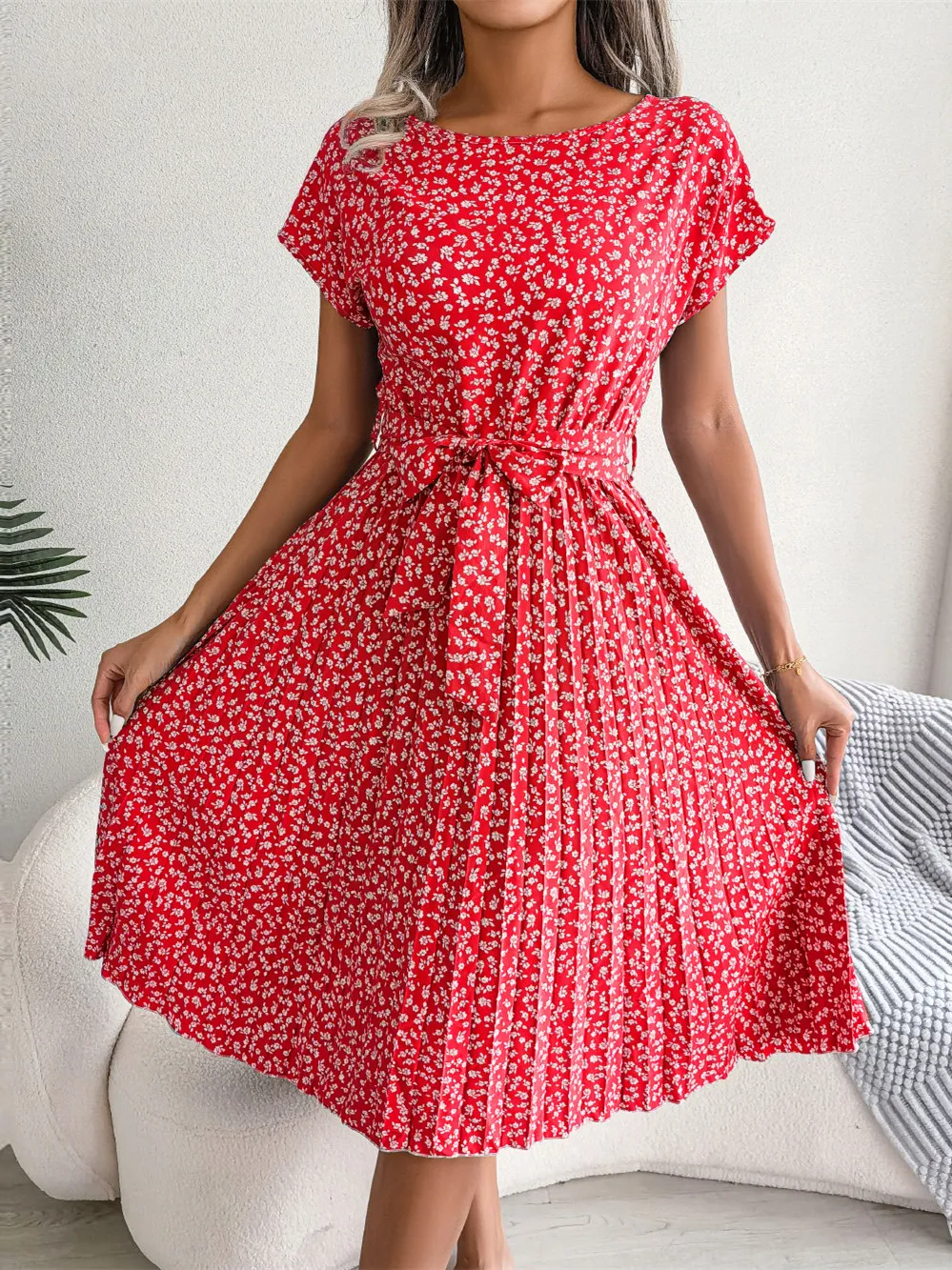 

Women's DressesFashion Floral Pleated A Line Long Dress Women Spring Summer Short Sleeve High Waist Chic Dress