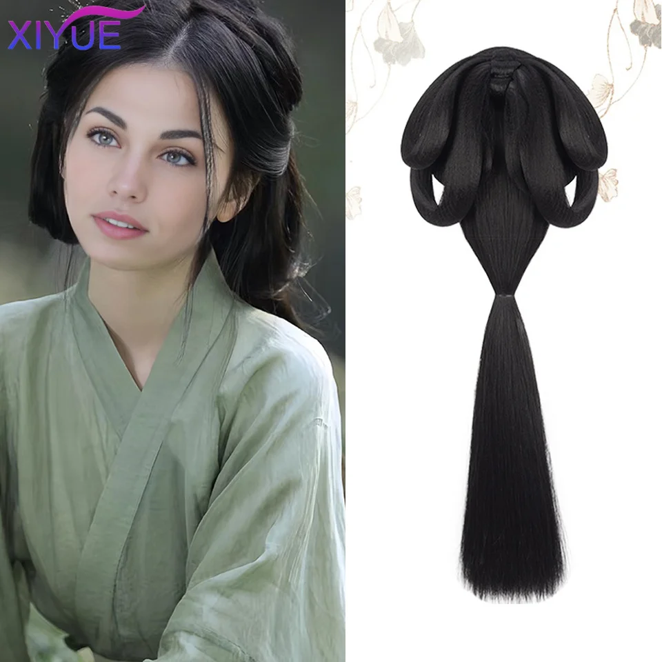 XIYUE  Chinese Ancient Wig Women Hanfu Wigs Headdress Photography Dance Accessory Wigs Black For Women Integrated Hair bun