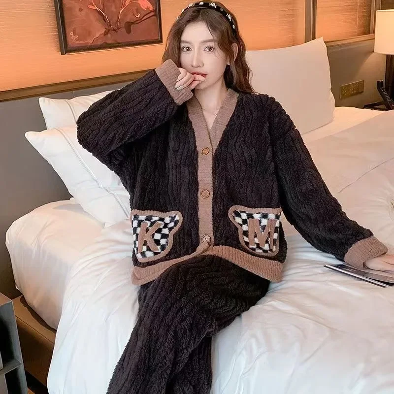 

Sleepwear Women's Autumn and Winter Coral Pajama Plush Thickened and Velvet Flannel Homewear Warm Fur Loungewear Set 2023 New