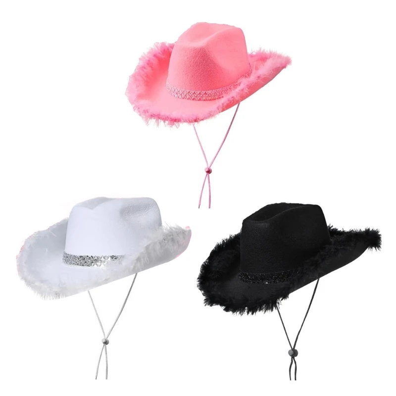 

Furry Brim Cowboy Hat for Women Wide Brim Role Play Cowgirl Hat Wedding Party Props Bachelorette Party Head Accessories