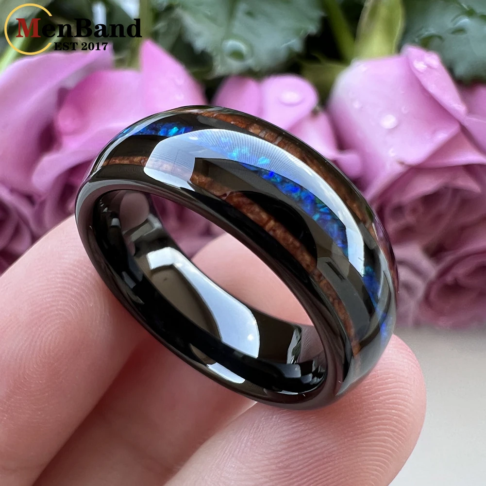 MenBand Fashion 8MM Men Women Black Tungsten Carbide Wedding Ring Blue Opal And Koa Wood Inlay Dome Polished Comfort Fit
