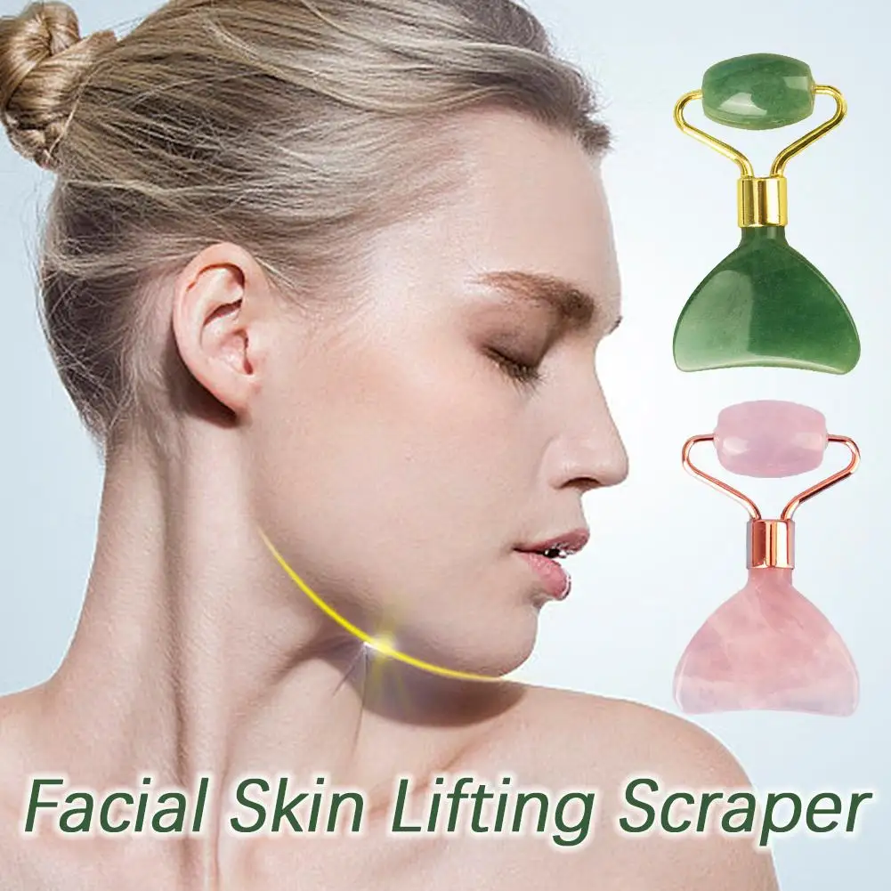 2 In 1 Raschietto Per Il Sollevamento Della Pelle Antirughe Pelle Naturale Gua Sha Jade Roller Strumento Per Il Gonfiore Ridurre Stringere Il Massaggi