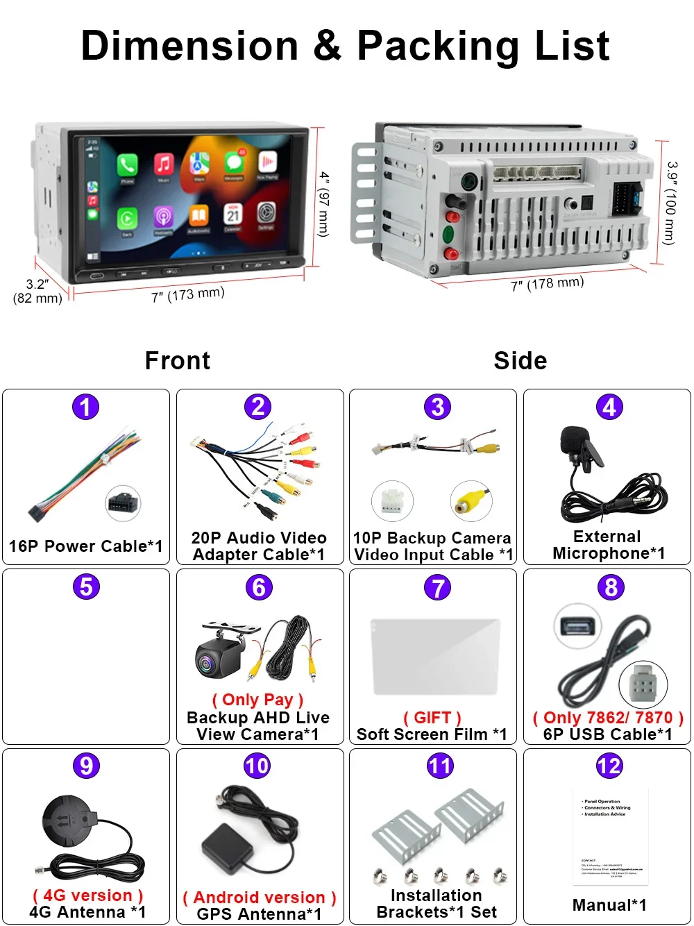 Car Stereo Type C 2 Din 7 Inch Car Universal Multimedia AI Voice Wireless Android Auto Carplay GPS Navigation MP5 Radio steroe head unit