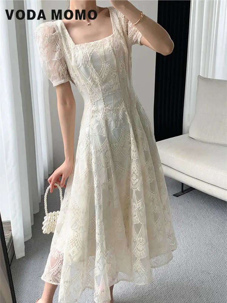 

Elegant Square Neck Dress Women's Summer New High Grade French Style Lace Vintage Gentle Long Dress Aestheticism Gentle Wind