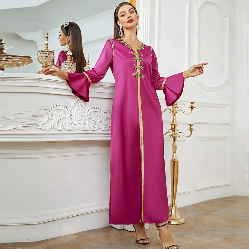 2023 Islam Abayat Ruffle Cuff Belt Abayas for Women Dubai Turkey Modest Kaftan Diamond Dress Muslim Fashion Ramadan Abaya Femme