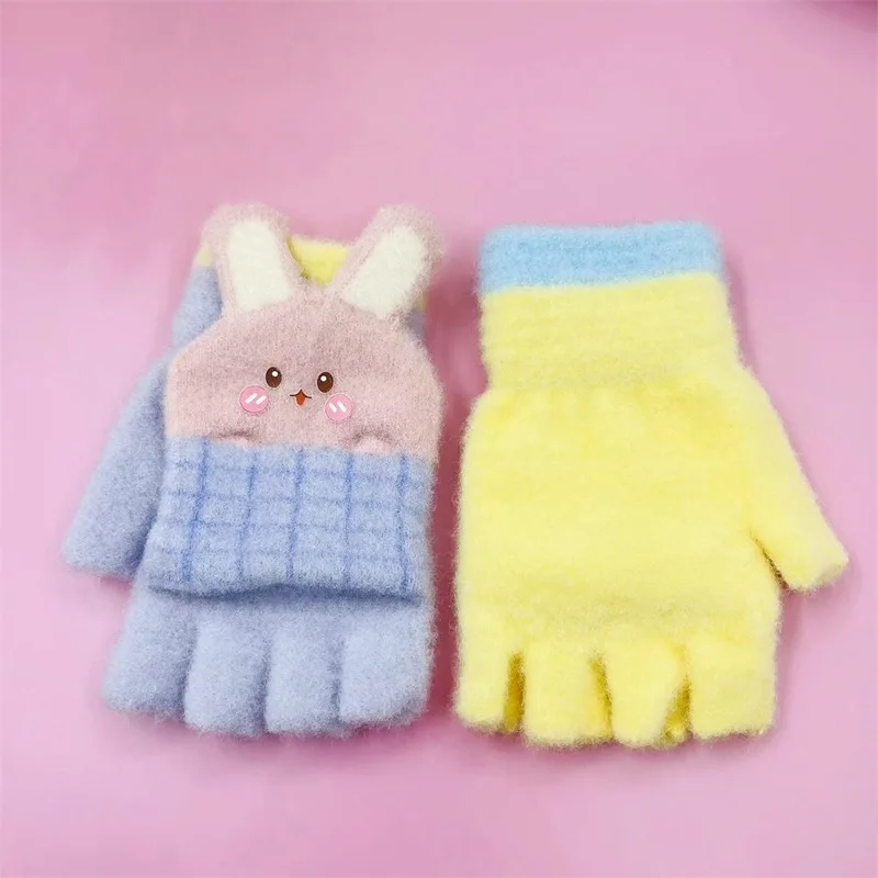 Half Finger Flip Kids Thick Warm Gloves Autumn Winter 4-12years Children's Wool Knitted Gloves Flip Fingerless Rabbit
