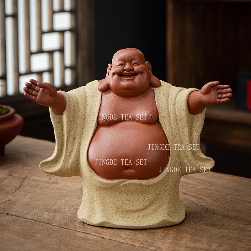 Purple Clay Tea Pet Household Wealth Attraction Maitreya Buddha Ornament Office Tea Table Handicraft Decoration Tea Playing