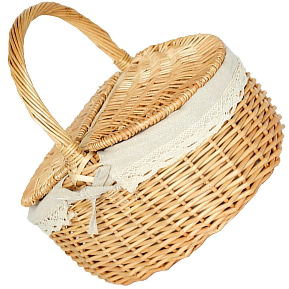 

Storage Basket Wicker Basket Egg Gathering Picnic Fruit Bread Breakfast Basket with Lid Portable Outdoor Camping Storage