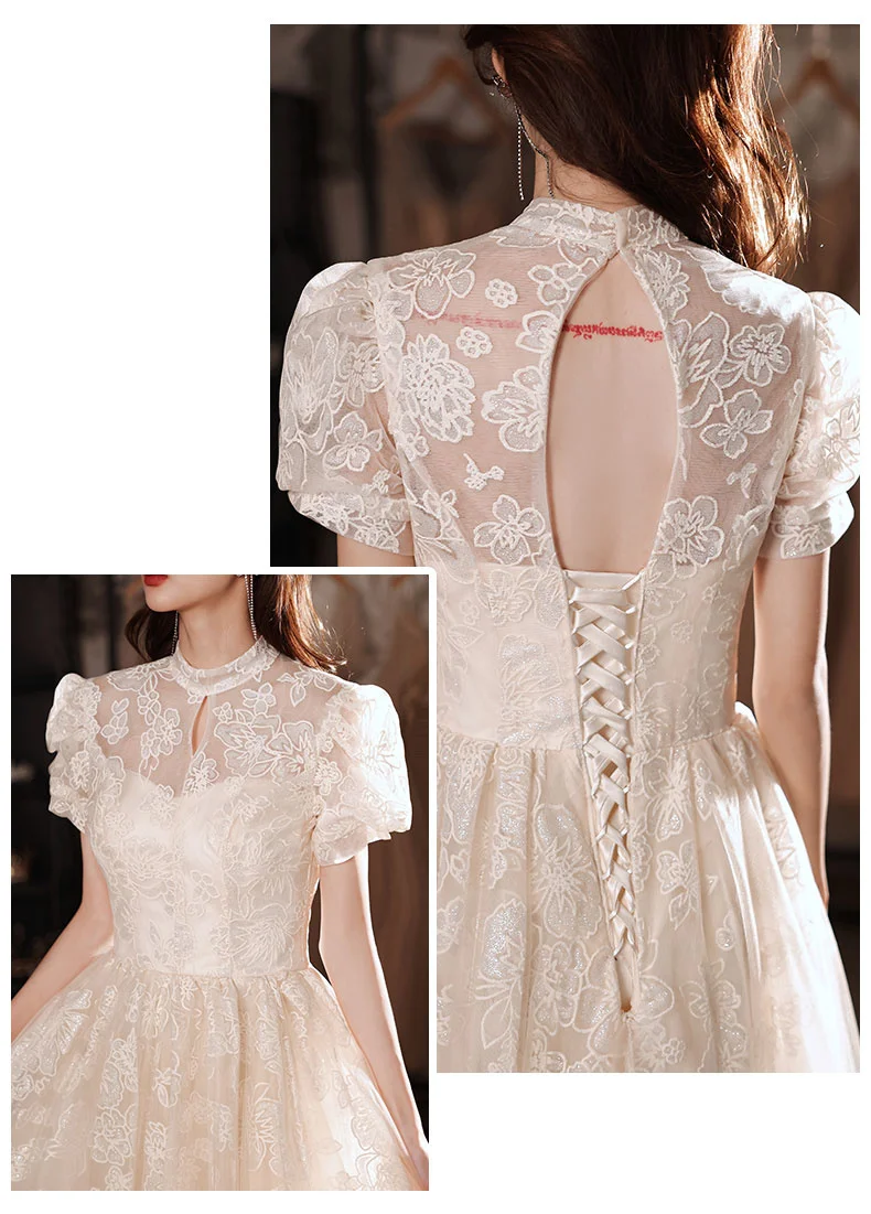 Elegant Lace Evening Dresses For Wedding Party Vintage High Neck A-Line Floor-Length Backless Long Formal Gowns dinner dresses for ladies