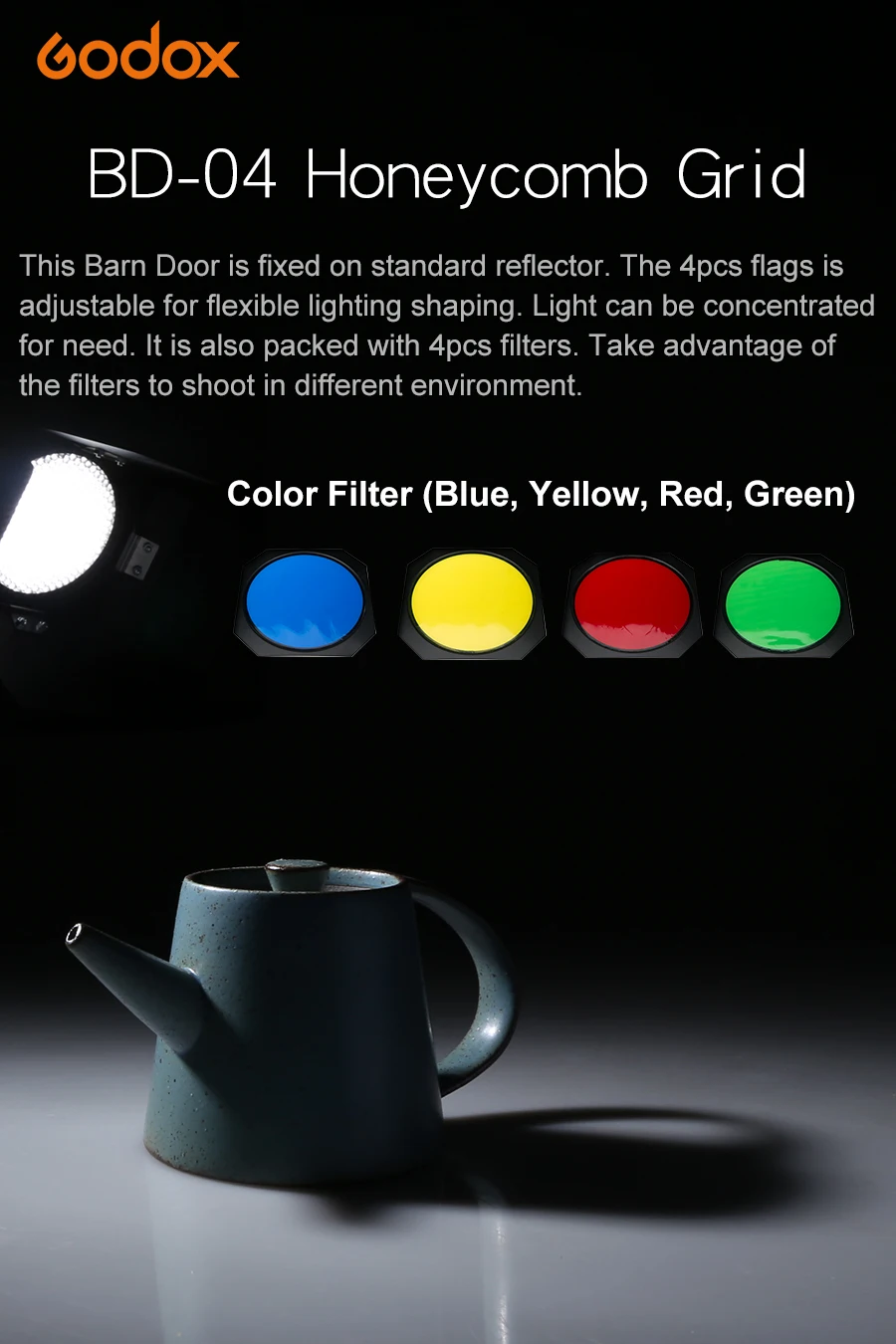 Description Picture 2 of itemGodox BD-04 Barn Door Bowens Mount Standard Reflector Honeycomb Grid Color Gel Filter For Photography Studio Flash Accessory