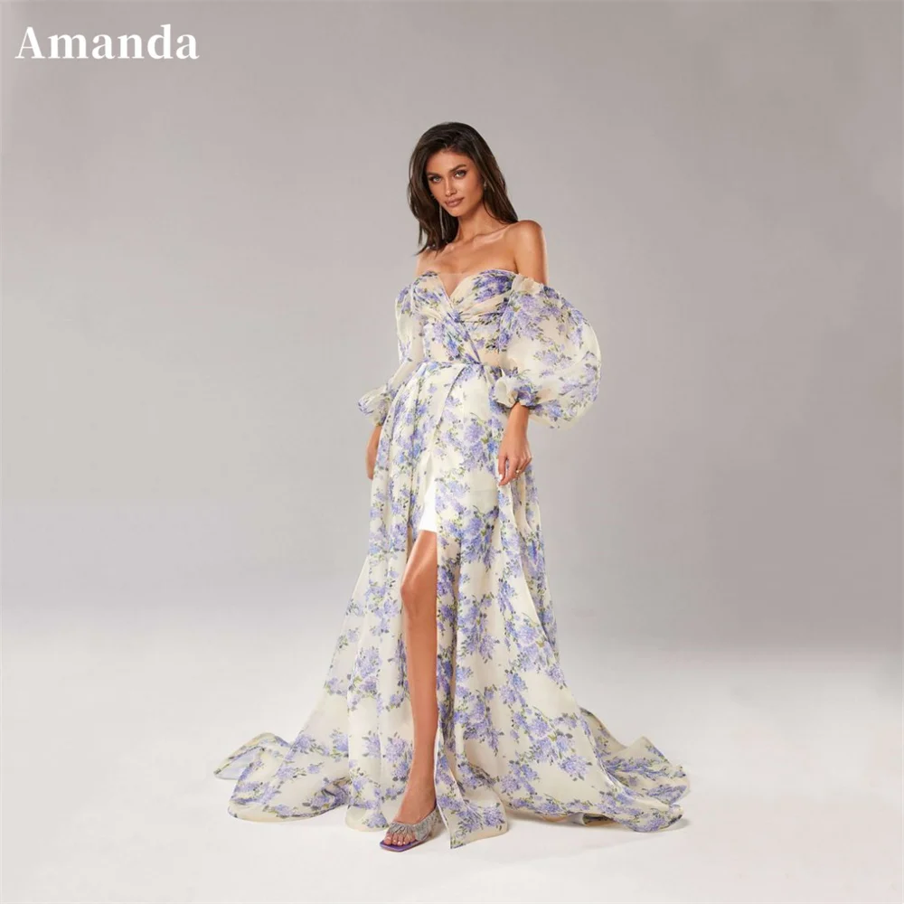 

Amanda Purple Lace Embroidery A-line Prom Dress Elegant Puff Sleeves فستان حفلات الزفاف Sweetheart Tulle vestidos de festa