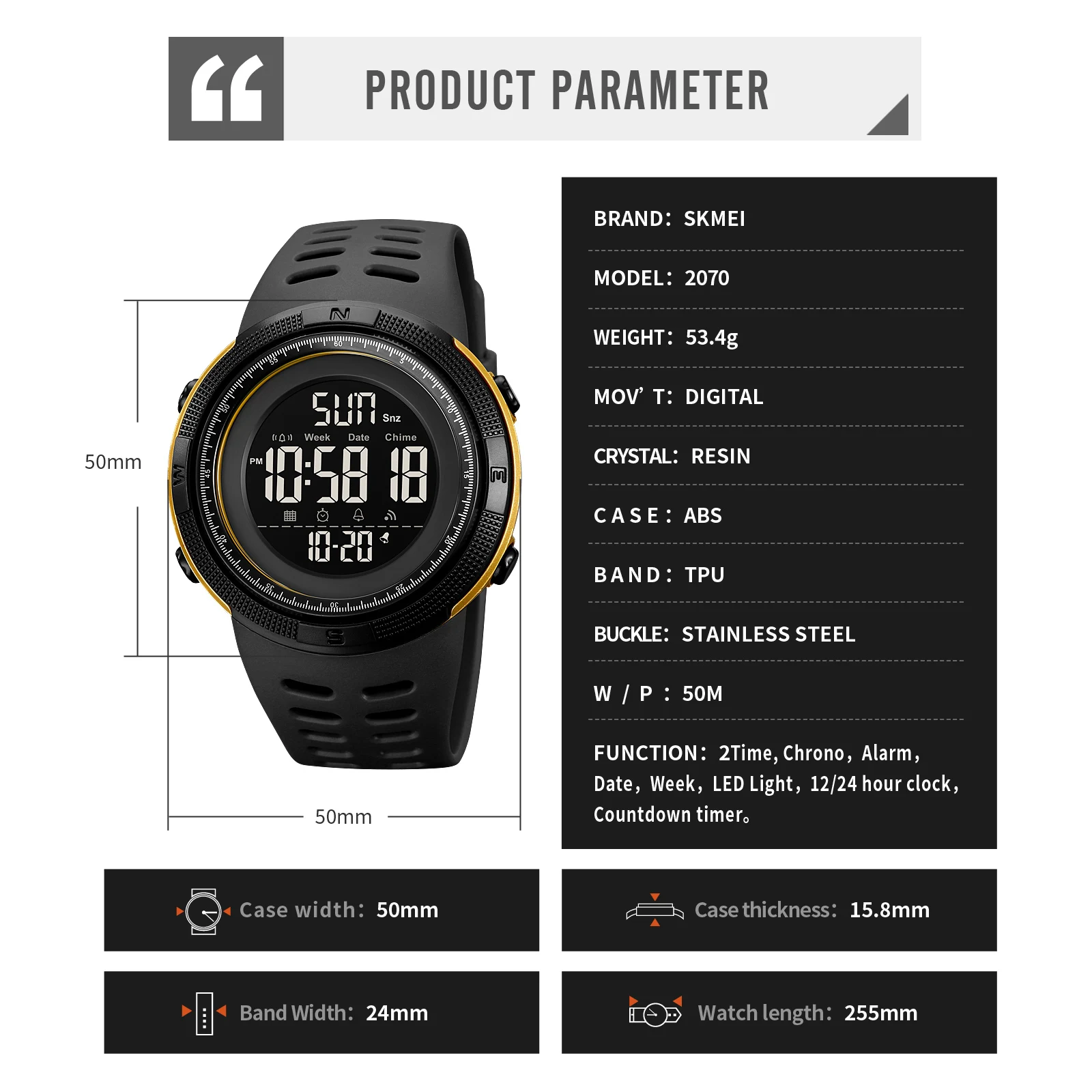 SKMEI 2070 Sport Watch for Men Waterproof Digital Countdown Electronic Mens Wristwatches Military LED Clock 1251 Reloj Hombre 6