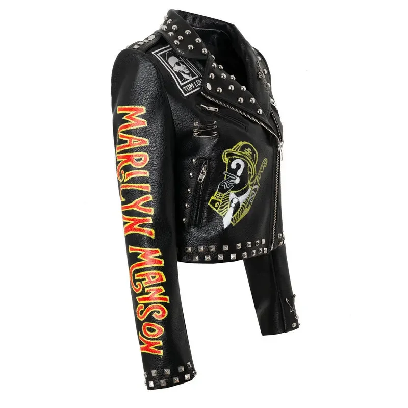 Punk Rivets Motorcycle Jacket Women 2024 Trend Fashion Contrast Color Print Cropped Faux Leather Jackets Black Streetwear