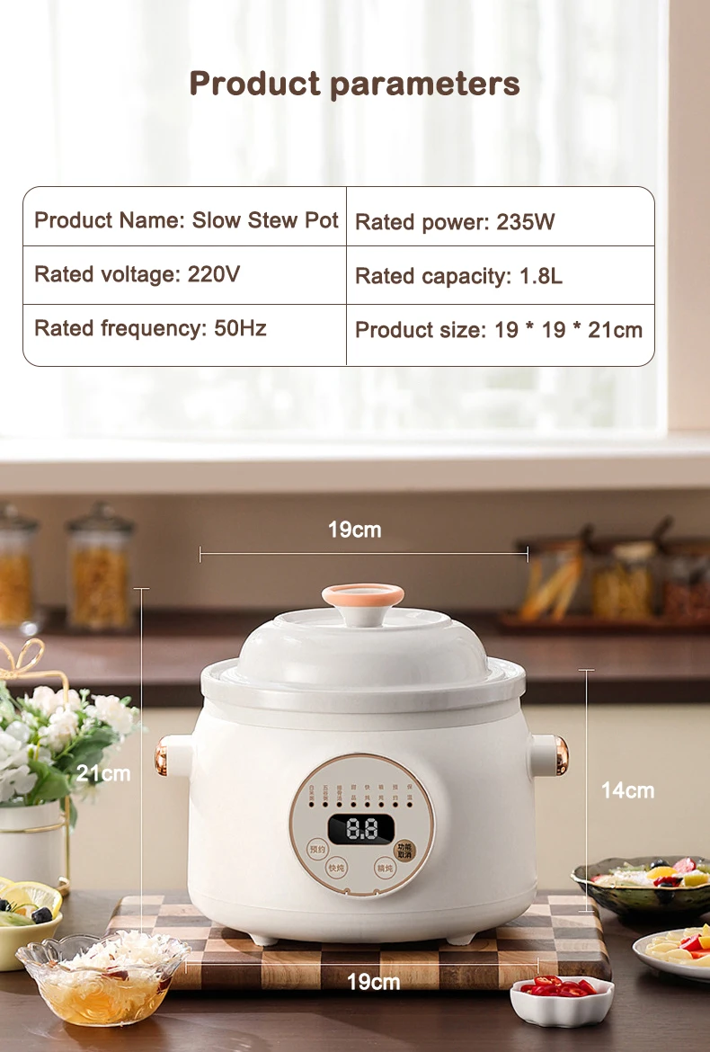 1.8L Electric Slow Cooker Ceramic Liner Stewer Household Automatic Stewing Pot Stew Soup Porridge Health Pot Baby Food Cooker 6
