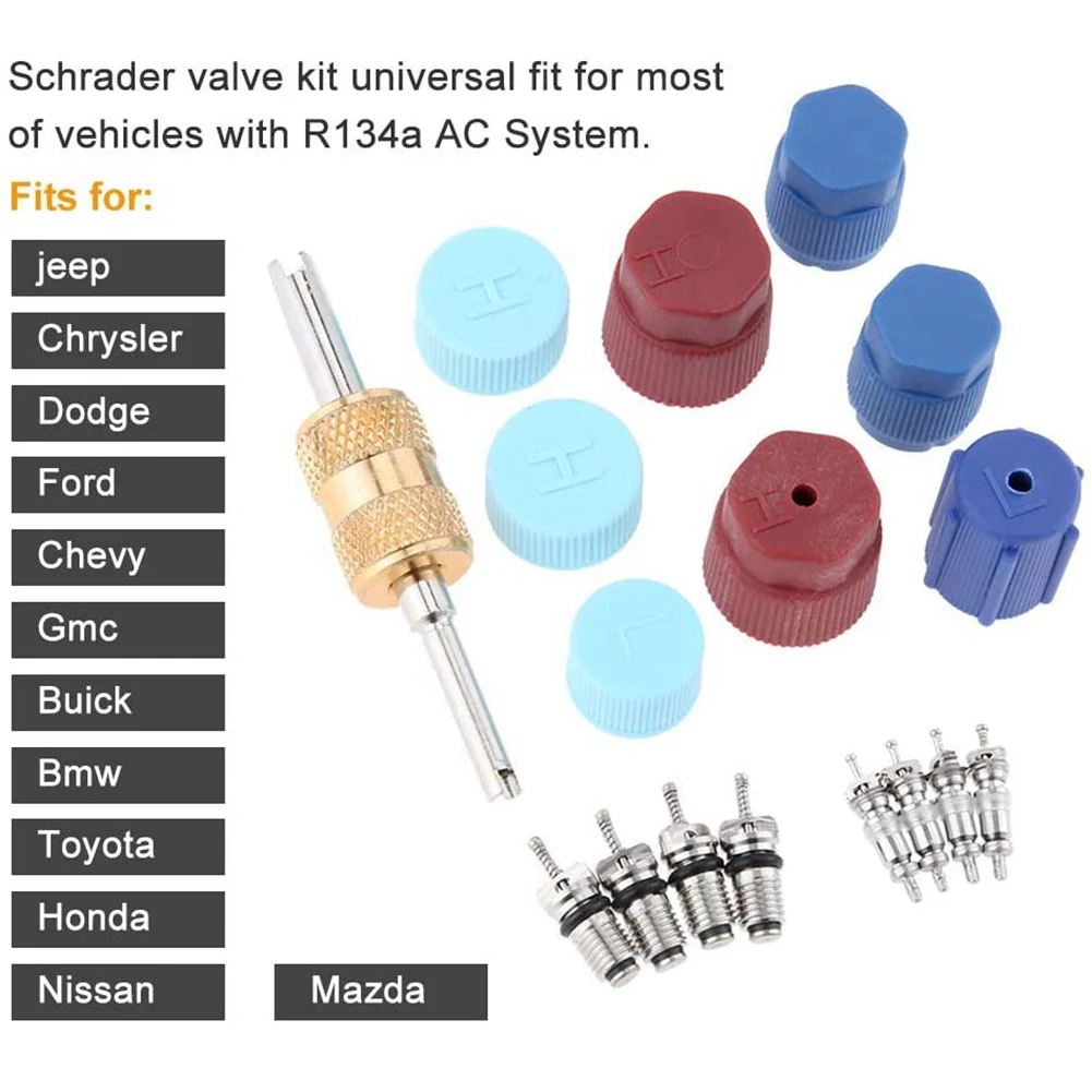 17Pcs Air Conditioning Valve Core Kit Valve Cores Accessories A/C R12 R134A Refrigeration Stem Core Remover Tool
