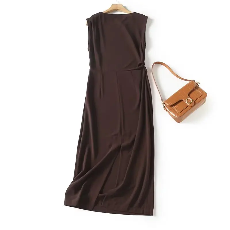 

Dave&Di French Fashion Ladies Elegant Brown Sleeveless Dress Office Ladies Vintage Bodysuit Elegant Party Dress for Women