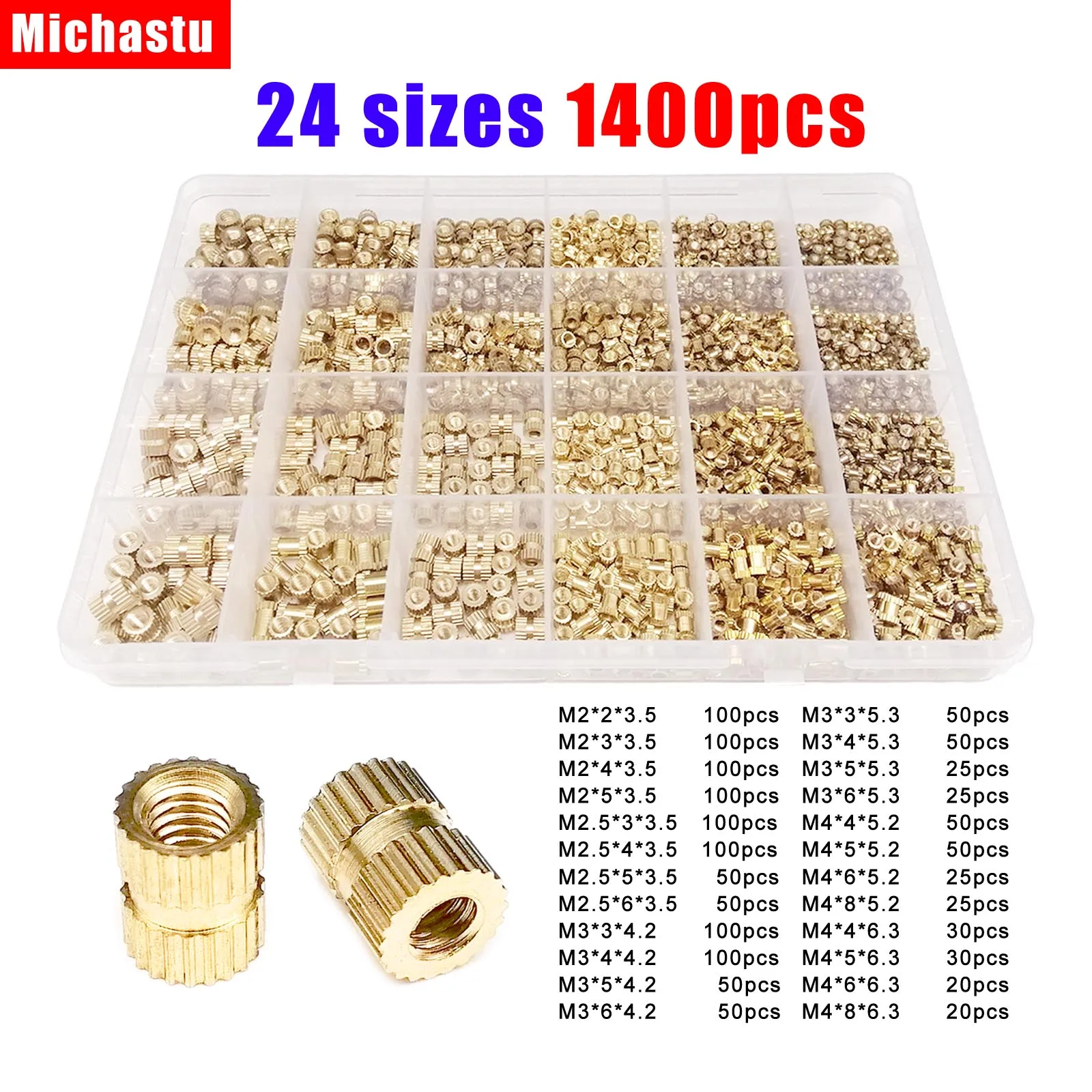 1400/750pcs 삽입 너트 솔리드 브래스 구리 사출 성형 널링 스레드 내장 Nutsert 믹스 M2 M2.5 M3 M4 구색 키트 ..
