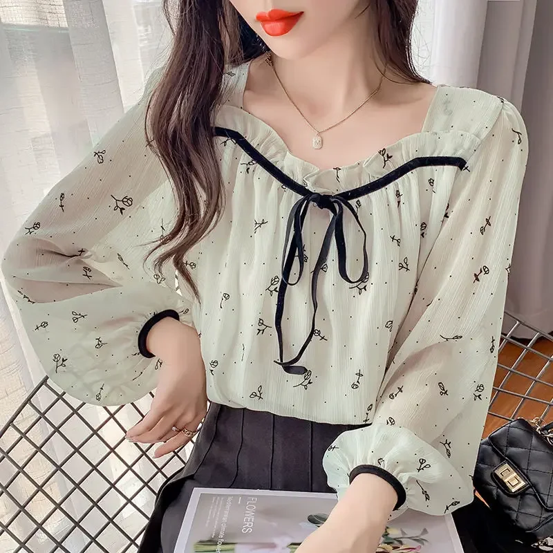 

Women's Spring Autumn Style Shirt Printed Long Sleeve Square Collar Temperament Loose Tops Elegant Bow Blouse Female 2023 D243