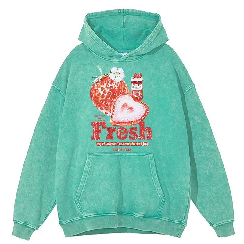 thumbnail image 1 of Sudadera con capucha retro desgastada con estampado de fresas frescas para hombre, estilo hip hop, estilo retro americano, 100 % algodón, informal, para otoño, 1 of 5