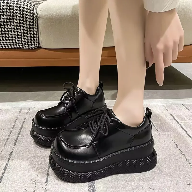 Round Toe Thick Bottom Platform Chunky Heels Women Pumps Lace Up Black Ins Fashion Punk Street Ladies Shoes Zapatillas De Mujer
