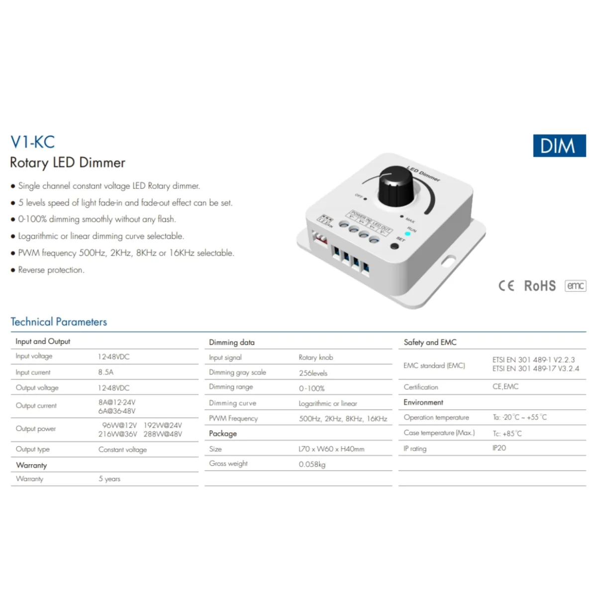 스카이댄스 로터리 LED 조광기 V1-KC, 단색 LED 스트립 테이프용, 1CH * 8A, 5 단계 조명 그라데이션 속도, 0-100% 조광, 12-48VDC
