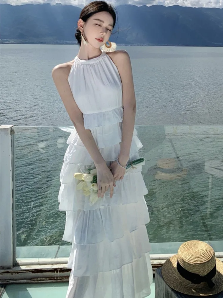 

Женское летнее модное платье миди с оборками, белое платье без рукавов с лямкой на шее и узкой талией, ТРАПЕЦИЕВИДНОЕ ПЛАТЬЕ, повседневный праздничный пляжный Сарафан