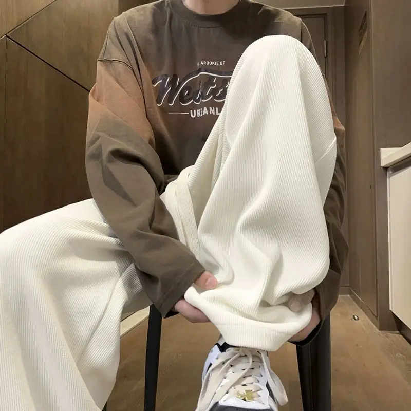 EBAIHUI American Retro White Casual Pants Autumn Winter High Street Men Straight Loose Sports Pant Simple and Versatile Clothing