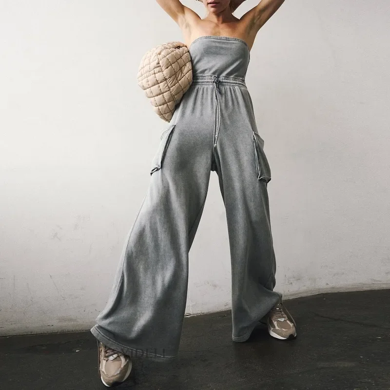 Strapless Tube Jumpsuit Sleeveless Solid Color Adjustable Drawstring Playsuit Elastic Waistband Slouchy Wide Legs Romper YDL44