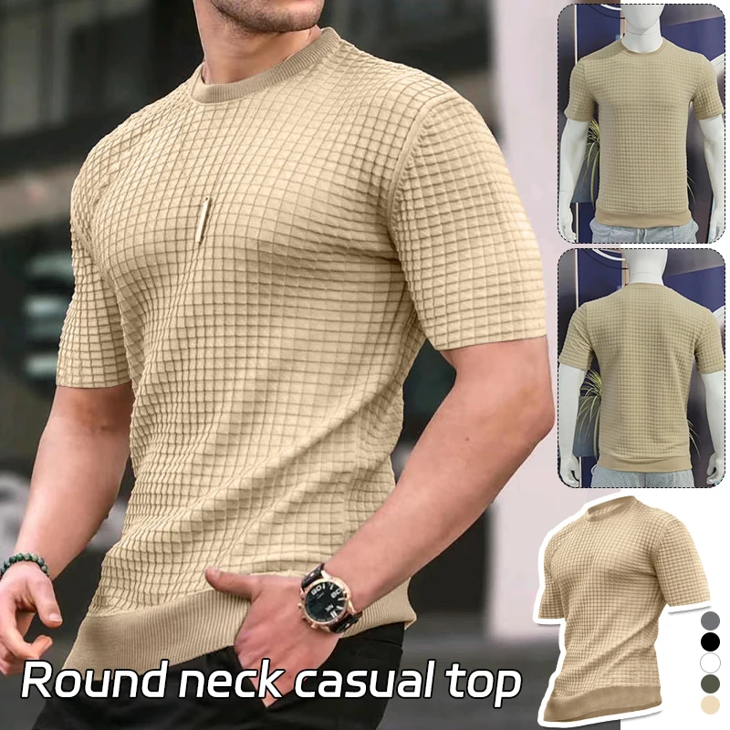 

Spring Summer Knit One Neck Shirt Men Casual Short Sleeves Fashion Jacquard Solid Color Tops Men Fashion Slim Wear