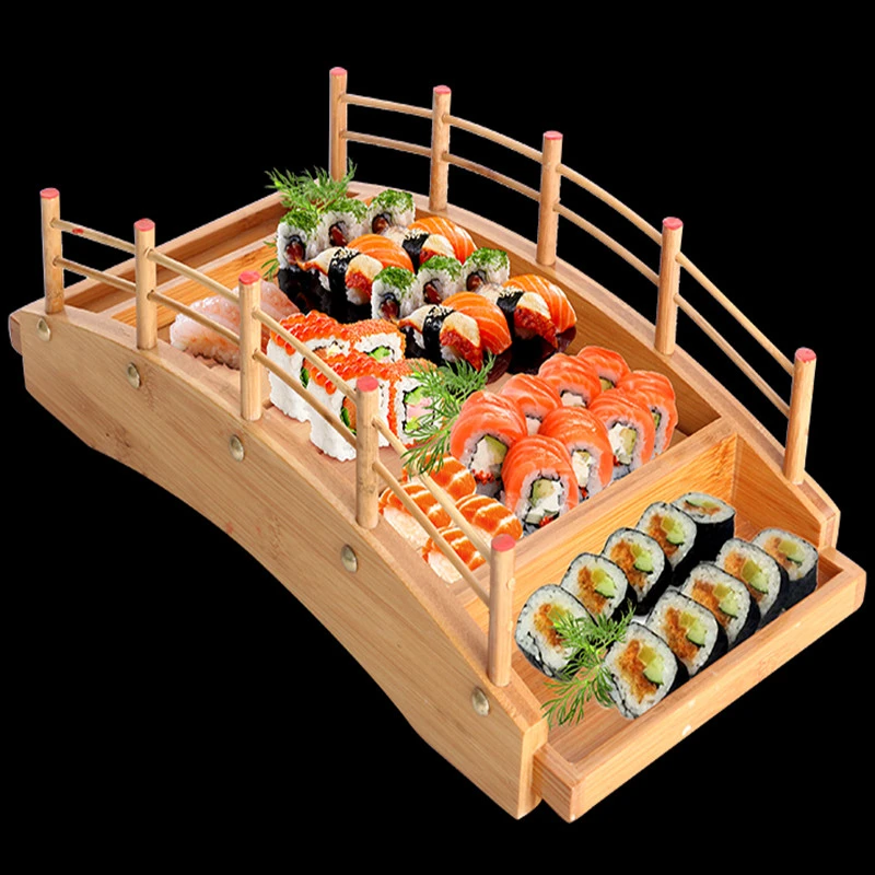 Japanese Wooden Wood Cuisine Sushi Bridge Boats Pine Creative Sushi