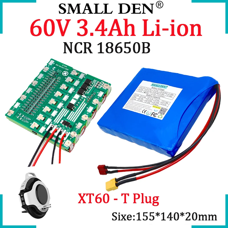 

New 60V 3.4Ah 16S1P 18650 Rechargeable Lithium Battery Pack 204WH 3400mAh Li-ion Cell With BMS For E-Scooters Balance E-unicycle