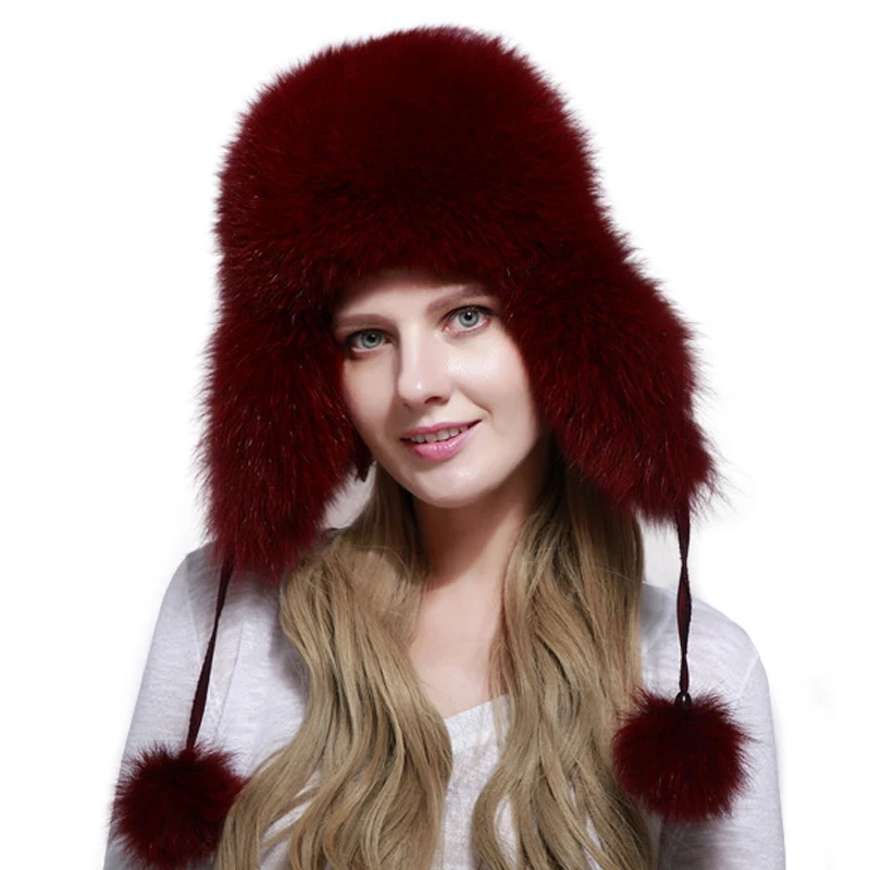 

Women Natural Fox Fur Hat Cap Raccoon Fur Caps Ushanka Hats Winter Thick Warm Ears Bomber Pom Pom Hat Lady Real Fur Winter Hat