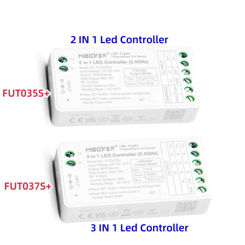Miboxer FUT035/36S+ 2 IN 1 Single Color CCT Dimmer FUT037/38/39S+ 3 IN 1 Controller RGB RGBW RGB+CCT DC12V-24V 2.4G RF Wireless