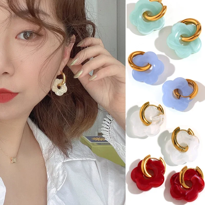다채로운 송진 아크릴 매력 꽃 귀걸이, 골드 컬러, 스테인레스 스틸 원형 후프 귀걸이, 패션 파티 쥬얼리 선물, 2023 신상