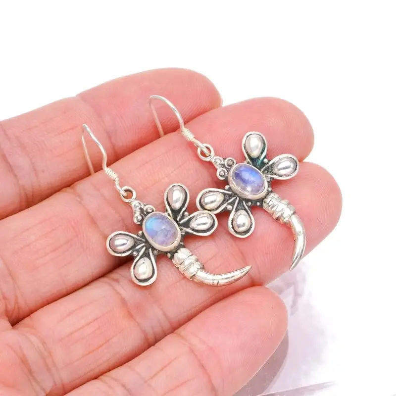 

StarGems Natural Rainbow Moonstone&Butterfly Handmade 925 Sterling Silver Earrings 1 1/2" F6661