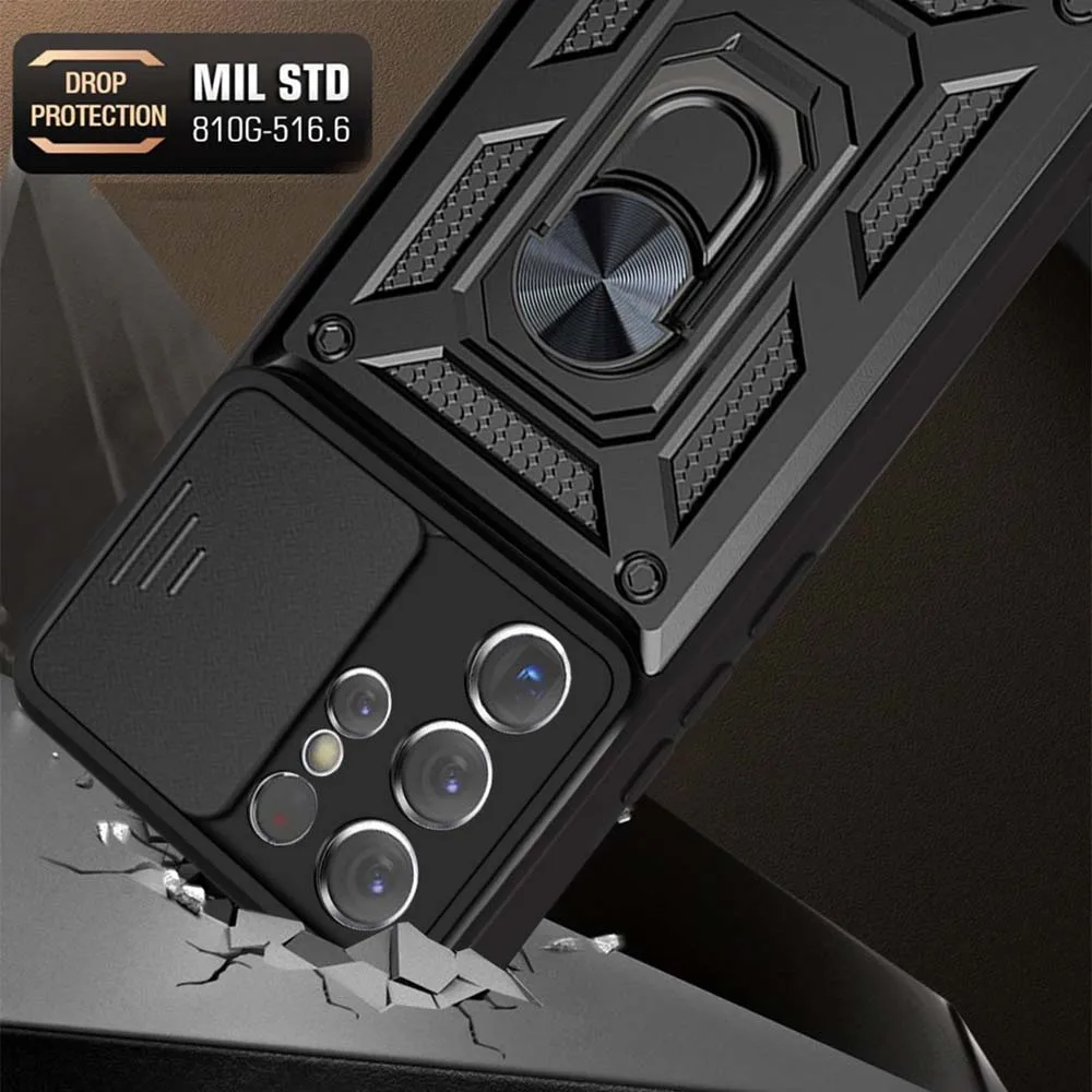 Rugged Slide Camera Lens Protector Armor Case with Military-Grade Bumpers and Ring Cover