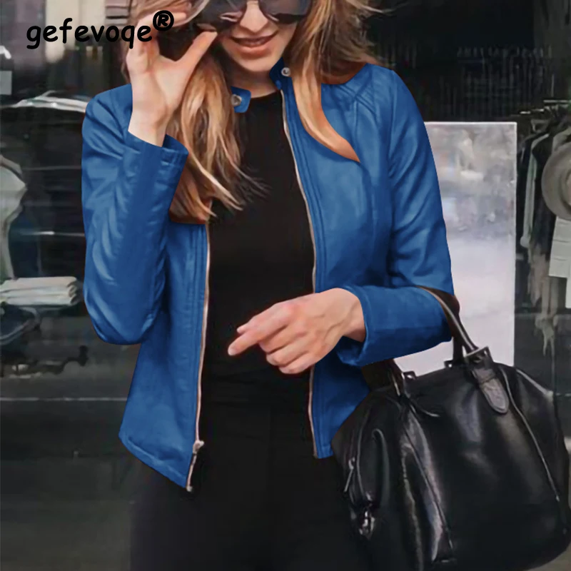 

Women Oversized Fashion Zipper Jackets 2023 Autumn Ladies Blue Stand Collar Slim PU Leather Coat Female Solid Color Casual Tops