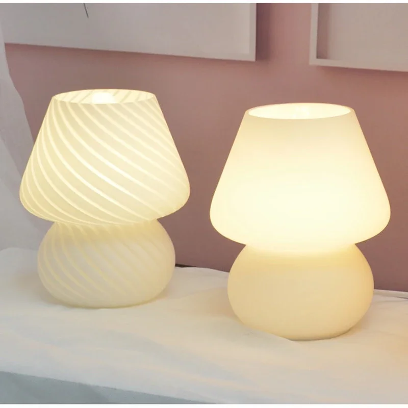 Glass LED Desk Lamp Bedroom Bedside Korean Ins Style Striped Mushroom Table Lamp Decor Cute Glass Translucent Bedside table lamp