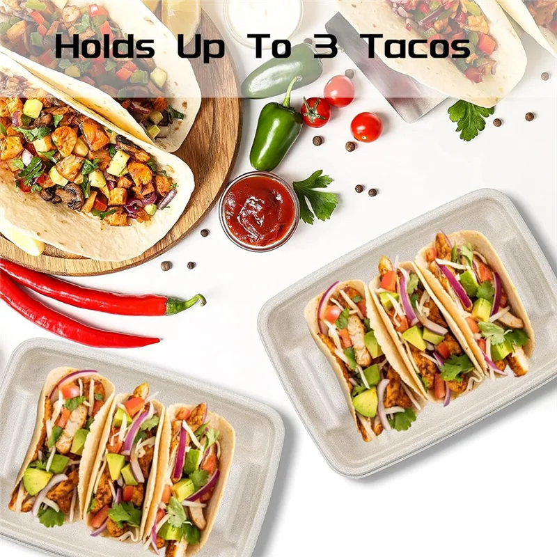 Hot Selling-50 Pieces Biodegradable Disposable Taco Holder, 3 Compartments Paper Taco Plates, Made Of Sugarcane Fibers For Party
