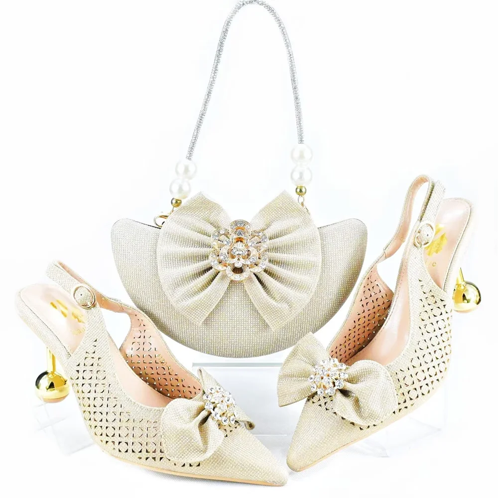 

Модная Высококачественная удобная женская обувь на каблуке золотого цвета, комплект подходящей сумки для свадебной вечеринки