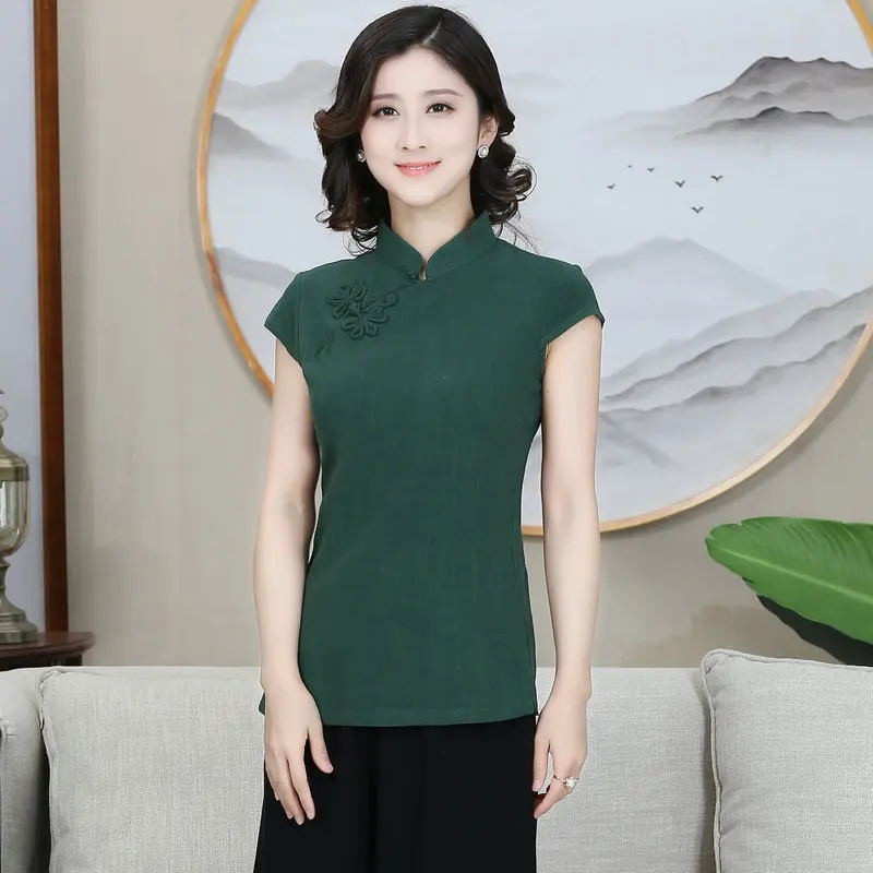 Neo-Chinese Style Women Cheongsam Design Shirts Mandarin Collar Split Hem Cap Sleeve Slanted Placket Knot Button Linen Tops 2024