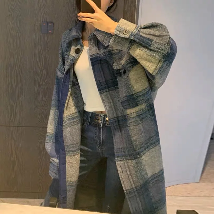 여성용 롱 격자 무늬 셔츠 코트, 오버사이즈 체크 무늬 셔츠, 빈티지 루즈 싱글 브레스티드 롱 가디건, 여성 패션, 가을