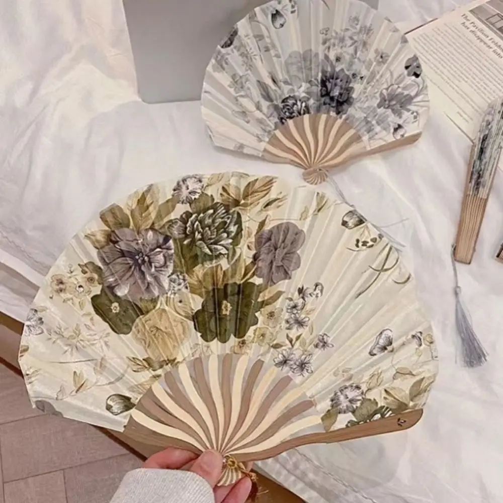 Retro Bamboo Wood Silk Flower Folding Hand Fan - Decorative Dance and Wedding Prop